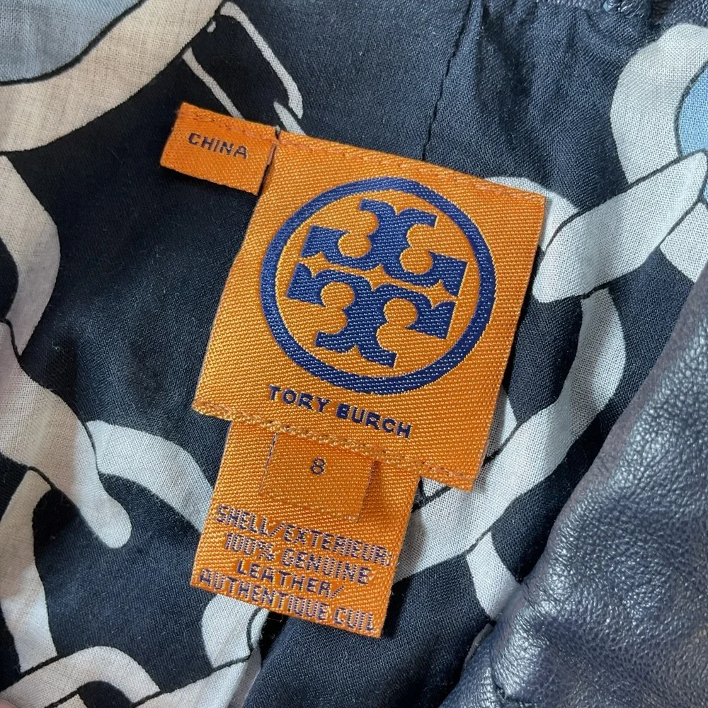 TORY BURCH‎ Blue Leather Short Moto Jacket Blue Leather Gold Buttons Sz 8 Soft